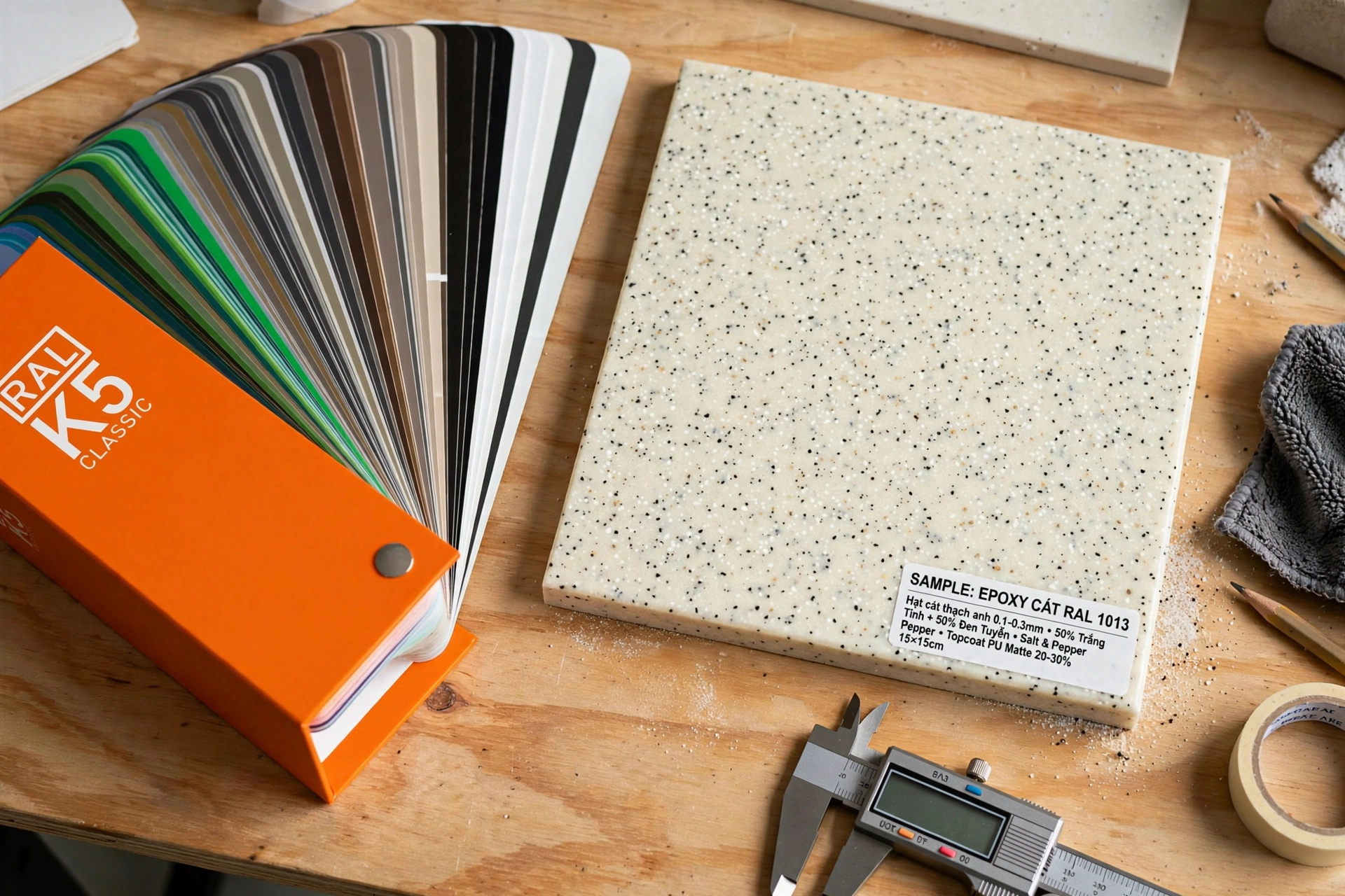 SÀN EPOXY CÁT MÀU RAL 1013 OYSTER WHITE