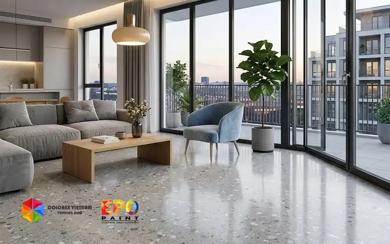 Sàn Epoxy Terrazzo Màu EPO 7040W – Giải Pháp Sàn Khảm Đá Sang Trọng & Bền Vững