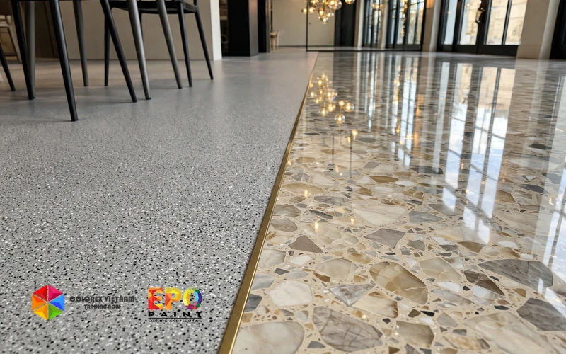 Bảng so sánh chi tiết sàn epoxy cát màu và terrazzo
