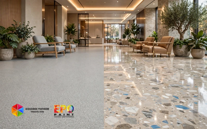 So Sánh Sàn Epoxy Cát Màu Và Sàn Terrazzo Dưới Góc Nhìn Thiết Kế Thi Công Nội Thất