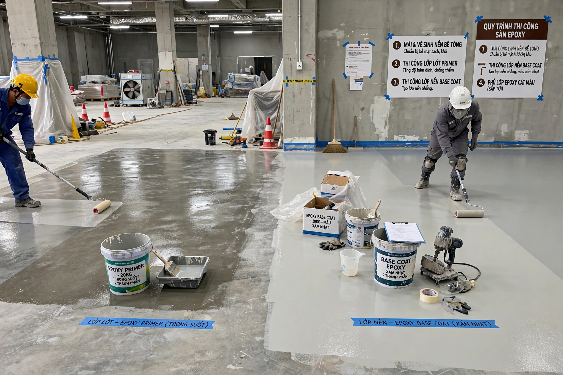 THI CÔNG LỚP NỀN EPOXY TRƯỚC THI CÔNG SÀN EPOXY CÁT MÀU